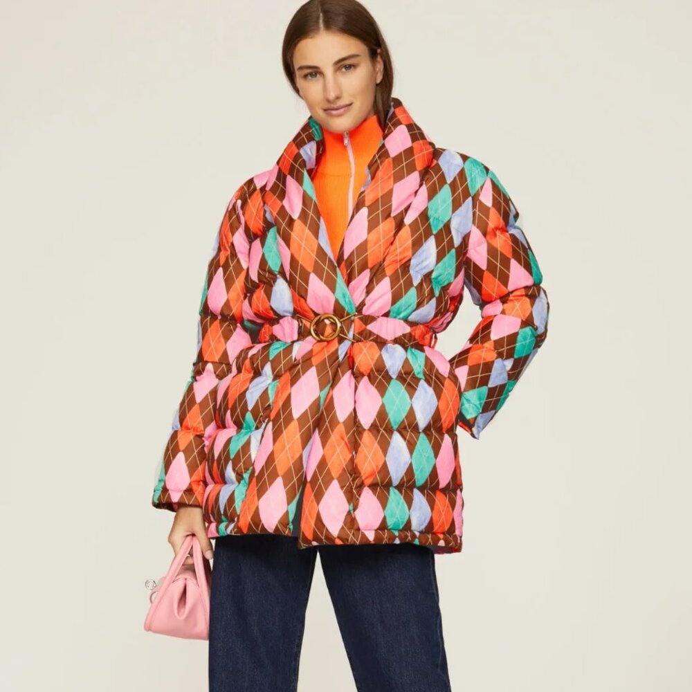 Rachel Antonoff Pink Brown & Orange Argyle Belted Puffer Jacket S